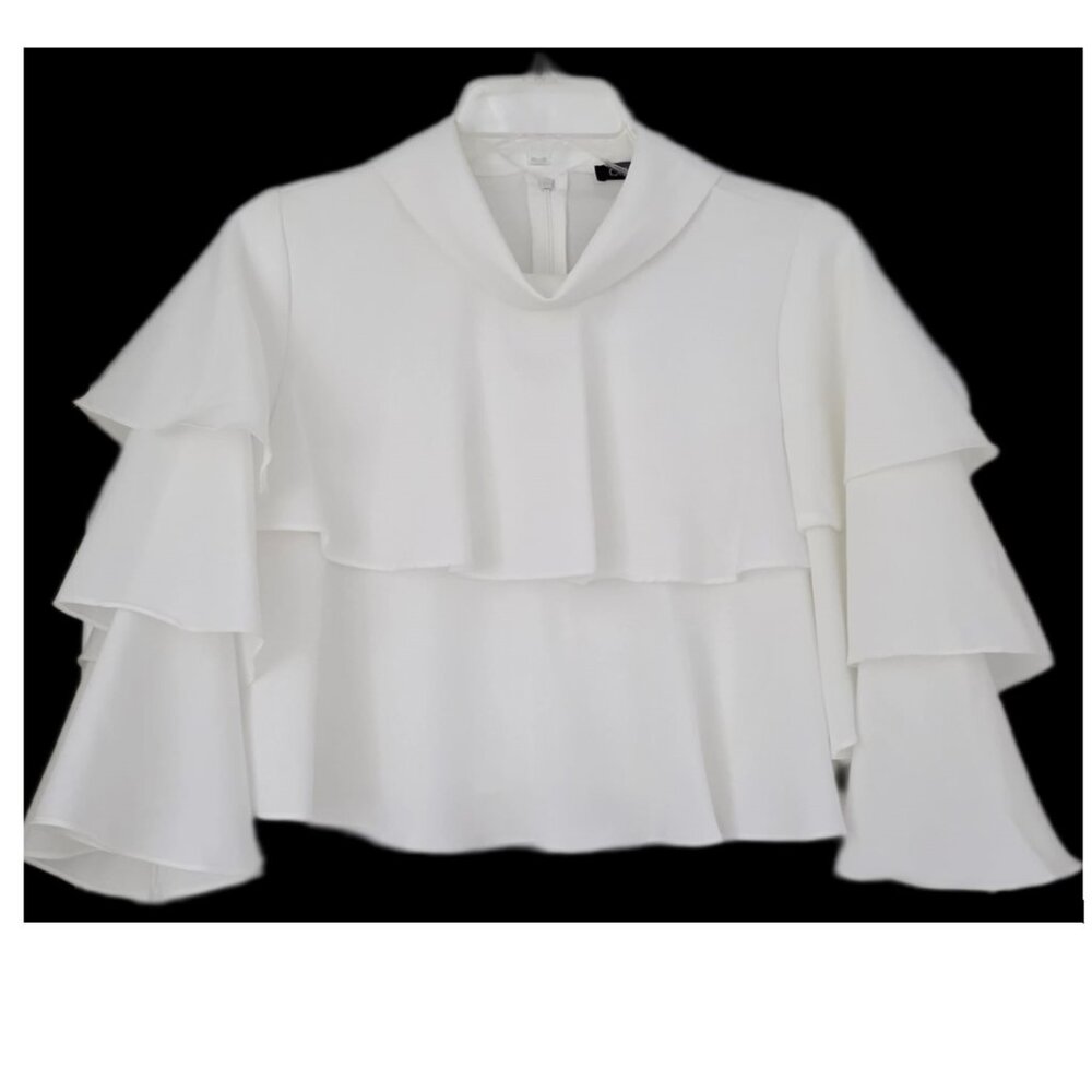 White Ruffle Cropped Blouse with High Neck